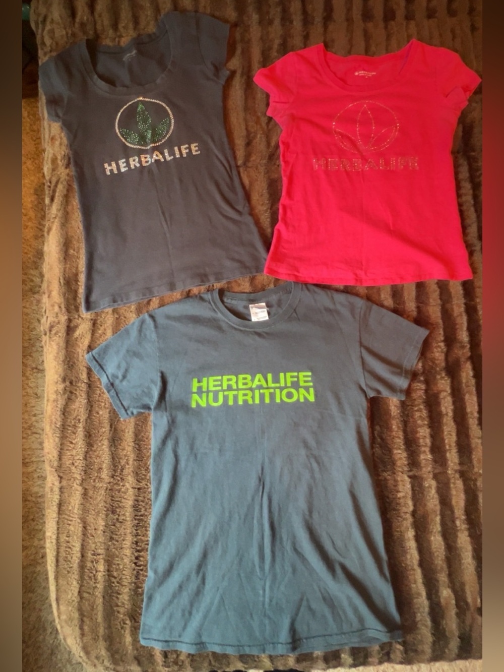 All 3! Gildan, Herbalife Women's Tees.
Size small.  BLING. Health coach.